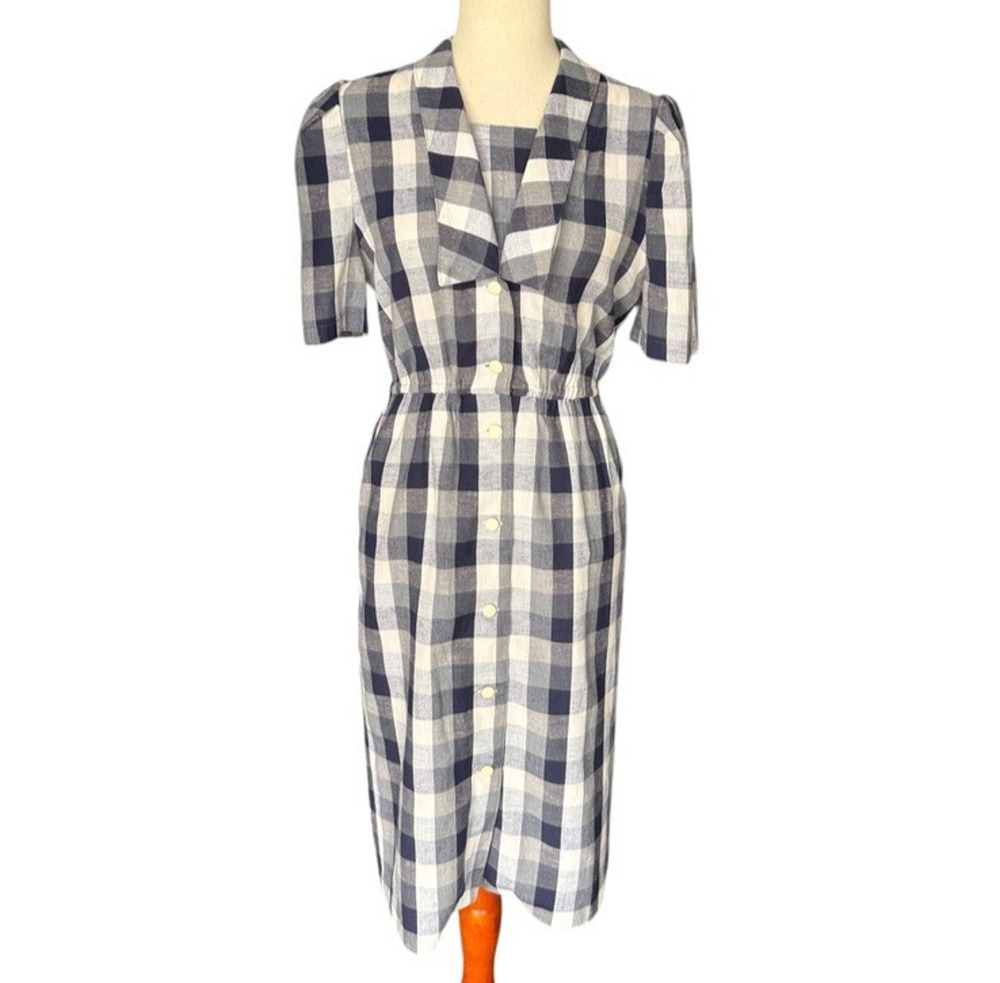 Vintage 1950s Papillon Plaid Dress Blue White Button Front Day Dress S Size 4 6